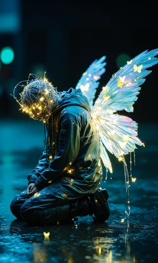A human-shaped figure kneeling on wet pavement under rainy night, with a glowing mask of silver wire and LEDs, translucent lighted wings adorned with butterflies, and wearing a glossy dark anorak reflecting soft light.