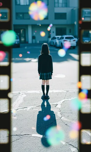 A lone schoolgirl stands on sunlit asphalt, framed by blurred filmstrip edges, casting a long shadow with colorful bokeh floating around.