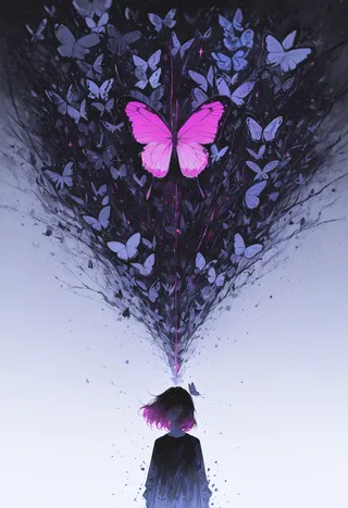 A silhouette of a person with magenta-tinged hair releasing a swarm of purple butterflies, with a large bright magenta butterfly at the center, rendered in charcoal ink style with a liminal, surreal atmosphere.