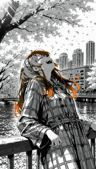 A girl in a plaid coat with windblown hair laughs joyfully by a riverside with cherry blossom trees and a cityscape in the background, in grayscale with selective orange hair highlights.