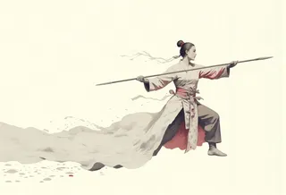 A wushu practitioner in a flowing silk attire wielding a spear, portrayed with minimalistic colors and artistic brush strokes indicating dynamic movement.