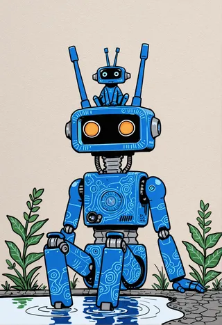 Doodle-style illustration of a blue robot with intricate patterns sitting by a puddle, featuring clean line art and a textured beige background with plants.