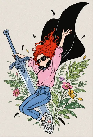 Illustration of a redhead woman wearing sunglasses, pink shirt, jeans, and sneakers, swinging a large sword while surrounded by flowers and leaves.