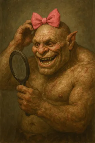 A muscular and scarred ogre with a pink bow on his bald head, holding a hand mirror and smiling in awe at his reflection.