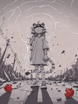 Faceless tiger girl with ahoge standing on cracked road surrounded by debris, two bitten red apples, and psychedelic spirals in the sky.