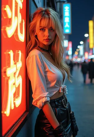 Closeup side portrait of a stunning Japanese woman with long blonde hair and bangs, wearing a low-cut cotton blouse and leather skirt, leaning against a bright red neon sign on a city street at night.
