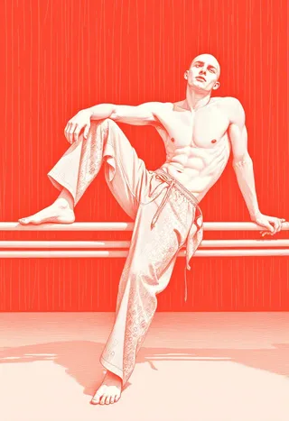 Digital drawing of a muscular bald man seated on a horizontal bar with a relaxed and confident pose, wearing loose patterned pants in a monochromatic red color scheme.