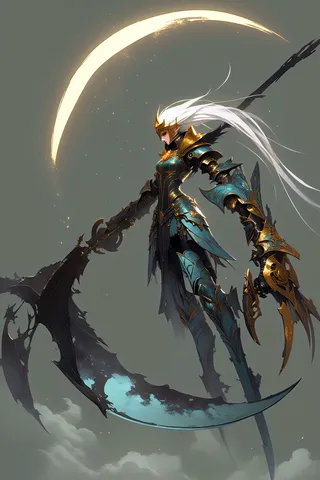 Anime-style dark fantasy warrior wearing decorated gold and teal armor, wielding a massive scythe with a dramatic glowing arc behind, atmospheric and striking.