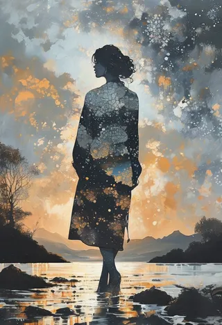 Inky silhouette of a fragmented woman with dot-speckled skin standing in water at sunset, surrounded by mosaic of monochrome and metallic hues and a graffiti nebula sky in Andreas Achenbach style.