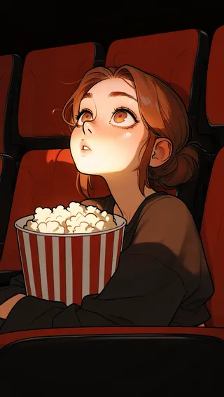 A young woman with brown eyes and an oversized crop top sitting in red cinema seats, holding a striped popcorn bucket, gazing up entranced with her face glowing from the movie screen.