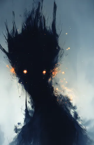 Abstract dark figure with tall pointed black hair-like structures and glowing orange eyes set against a misty foggy gradient background with small glowing particles.