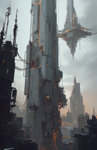 A futuristic cityscape featuring a tall vertical skyscraper with intricate mechanical details and gray metallic textures accented by orange glowing lights, with a floating structure in the cloudy background under soft lighting.