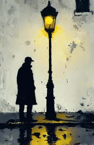 Man in dark coat and cap facing away, standing beside a glowing vintage street lamp with a textured, weathered white wall in the background and wet pavement reflecting yellow light.
