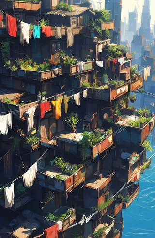 Densely packed urban floating apartment building made of rusted metal and weathered wood, with colorful laundry hanging and green plants on balconies overlooking blue water.