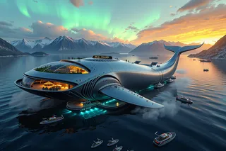 A futuristic whale-shaped floating city gliding across a fjord with solar garden rooftops, neon-lit hydro-electric fins, floating eco-resorts on the tail, bioluminescent underwater labs, and aurora borealis illuminating the sky.