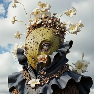 A detailed steampunk avocado face adorned with intricate beads and white flowers, set against a cloudy sky background resembling a bright pristine heaven.
