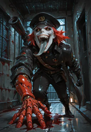 Cyborg soldier with red robotic hand and yellow eyes, wearing a black military uniform and hat, crouching in a blood-spattered prison hallway with dark lighting.