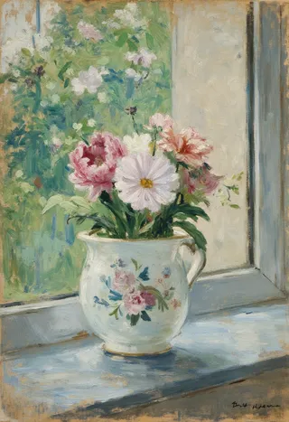 Impressionist painting of a bouquet of delicate flowers in a porcelain vase on a windowsill, glowing with soft daylight and painted with visible brushstrokes in the style of Berthe Morisot.