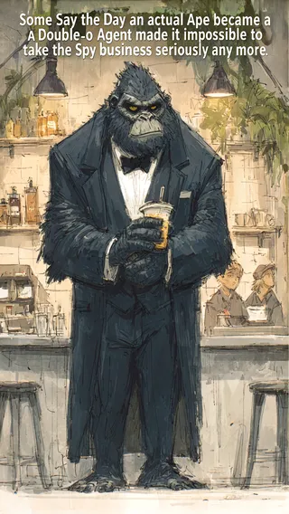 Cartoon-style gorilla dressed as a secret MI6 spy agent in a black tuxedo holding a drink in a café setting