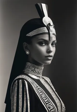 Black and white portrait of a supermodel wearing a detailed Egyptian-inspired uniform with intricate hieroglyphic patterns, cinematic lighting emphasizing her face.