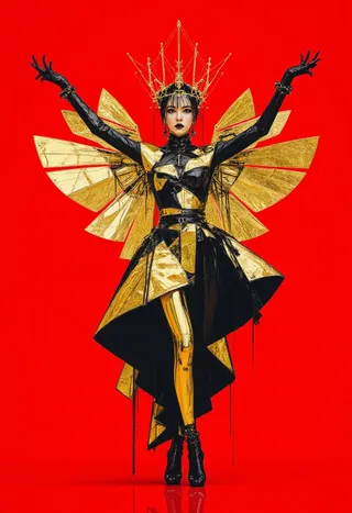 A poised woman in an avant-garde gown made of gold leaf and black lacquered obsidian with a molten crown and black gloves stands against a matte crimson background with arms raised asymmetrically.