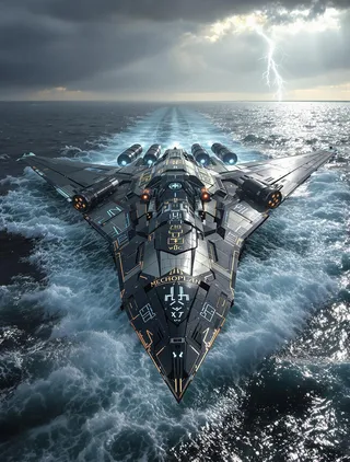 A colossal futuristic ekranoplan skims low over dark ocean waves, featuring reverse-delta wings, armored with glowing Mechanicum cybernetic runes and engines emitting ionized mist under a stormy sky with lightning.