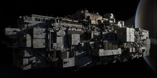 Wide-angle panoramic image of a colossal industrial mining spaceship designed with brutalist architecture, floating near Saturn's rings with sharp shadows and complex mechanical details.