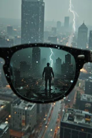 A dramatic view through black-tinted sunglasses lens showing a silhouetted figure standing on a ruined city rooftop amid rain and lightning in a post-apocalyptic urban landscape.