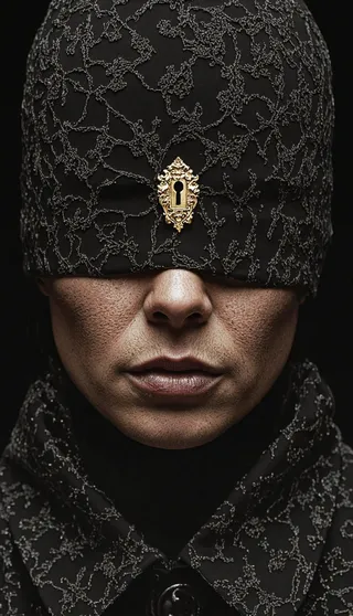 Surreal high-contrast portrait of a woman blindfolded with black velvet fabric adorned with an ornate antique brass keyhole at the center.