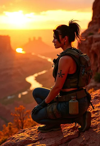 Photorealistic muscular female wasteland warrior kneeling on a red rock cliff edge overlooking a sunlit valley at sunset, dressed in scavenged gear and tactical vest.