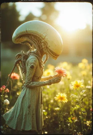 A whimsical xenomorph with an elongated head wearing a vintage dress picking a pink flower in a sunlit garden filled with yellow and red flowers, featuring a subtle film-grain texture and warm light rays.
