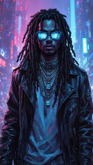 Cyberpunk-style figure with dreadlocks wearing glowing blue sunglasses, black leather jacket, and layered metal necklaces, set against a neon-lit futuristic city backdrop.