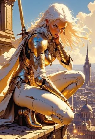 A radiant female warrior with long platinum blonde hair crouches on a high stone rooftop, clad in skintight white and gold ornate armor, holding a glowing golden katana, overlooking a sprawling steampunk-gothic city in golden hour light.