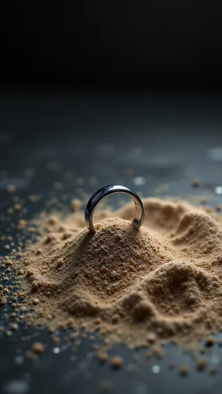 A polished silver ring resting atop a mound of fine golden sand on a dark slate surface, bathed in soft directional studio lighting that highlights intricate textures and shadows.