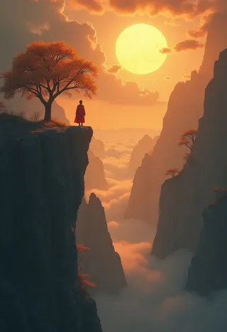 A lone traveler wearing a flowing red cloak stands at the edge of a high cliff overlooking a glowing valley filled with mist, with a radiant tree and a massive sun glowing in the background, under warm golden light.