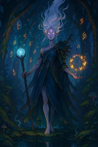 A regal forest sorceress with glowing white eyes and a third amethyst eye stands barefoot in a bioluminescent enchanted forest holding a staff with liquid starlight and conjuring glowing rune butterflies.