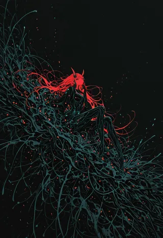 A dark-themed digital art of a seductive oni girl with glowing red hair and horns sitting amidst dark fractal patterns under flat lighting