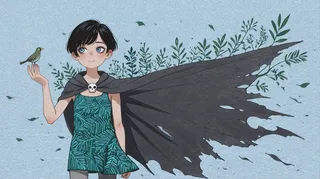 Watercolor illustration of a young woman with a pixie cut holding a bird, wearing a black torn cape and an emerald patterned dress with green leaves in the background.