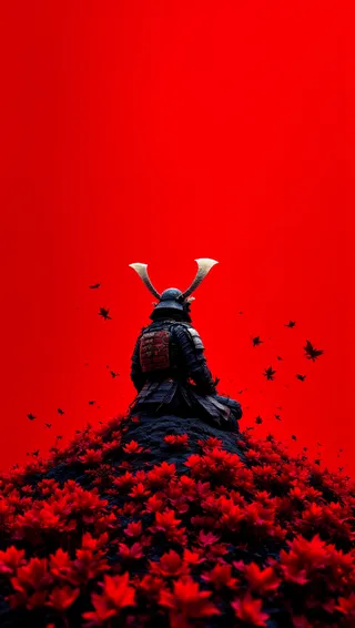 A solitary samurai in traditional armor and horned helmet sits meditating on a hill covered with vibrant red autumn leaves, with swirling leaves around and a bold crimson background.