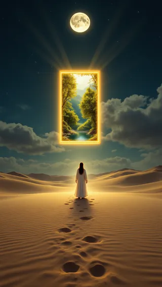 A solitary figure in a flowing white robe stands in a vast desert at night, facing a glowing rectangular portal showing a vibrant forest, under a bright full moon and starry sky.