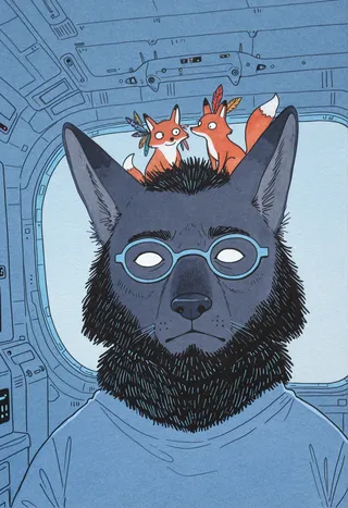 Watercolor portrait of an anthropomorphic black fox wearing round blue glasses and a blue shirt inside a spacecraft. Two small orange foxes with feather hair ornaments sit atop the black fox's head, depicted with clean line art and complementary colors.
