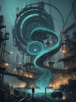 Mystic swirling bioluminescent magic spiraling within a dark industrial environment featuring towering metallic structures and two silhouetted figures.