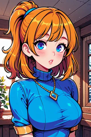 Anime-style portrait of a girl with orange hair tied in a ponytail, blue eyes, wearing a blue turtleneck sweater and a necklace indoors.