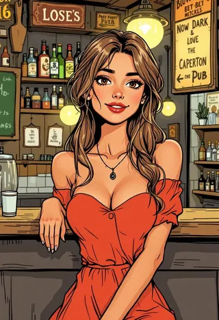 Comic book style illustration of a young woman with light brown wavy hair and hazel eyes wearing a red off-shoulder dress, standing flirty at a cozy pub counter.