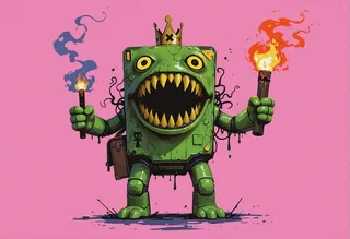 A green robotic monster with a wide mouth full of sharp teeth, wearing a crown, holding two torches against a pink background.
