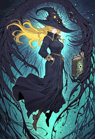 A mage with yellow hair and a dark robe floats with hands in pockets, surrounded by an eldritch abomination and holding a glowing grimoire, set against an abstract, detailed background.