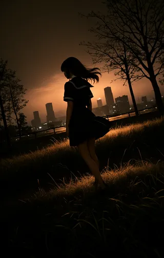 Silhouette of a girl wearing a black school uniform with a sailor collar standing in a grassy field at night with a glowing orange city skyline and volumetric lighting in the background.