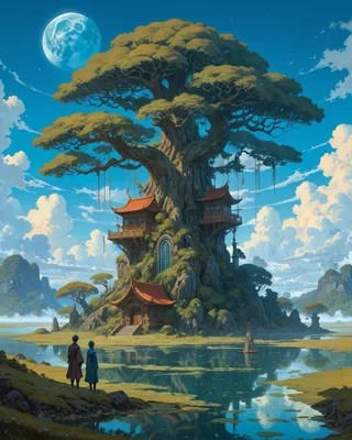 Ethereal fantasy anime artwork featuring a colossal treehouse with ornate red roofs in a serene multiverse wetland under a bright blue sky with a large moon and reflective waters.
