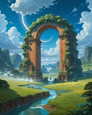 A vibrant fantasy landscape featuring a large ancient arch covered in greenery, a winding river flowing through a lush valley with a waterfall, under a sky with two crescent moons and dramatic clouds.