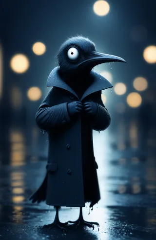 A black bird with a large round white eye and a long beak wearing an oversized trench coat on a wet reflective street at night, with blurred warm bokeh lights in the background.